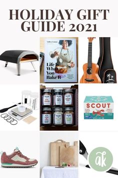 the holiday gift guide is displayed in this collage with various items and text that reads,