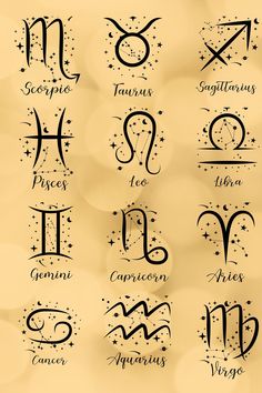 zodiac signs and their meanings in black ink on a gold background with boket lights