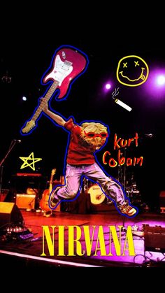 an image of a man on stage with a guitar in his hand and the words nirvana above him