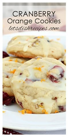 cranberry orange cookies on a white plate with the title text above it that reads,