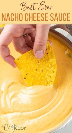 a hand dipping a tortilla chip into a pot of quesadilla sauce