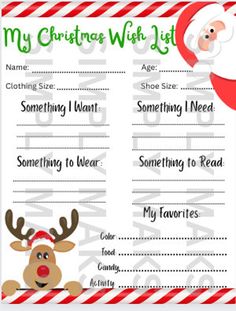 a christmas wish list with santa clause and reindeer