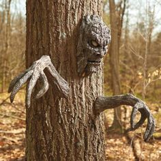 a creepy looking tree in the woods with hands on it's face and arms