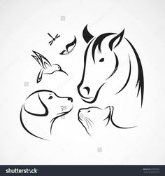 two horses and a dog on a white background, logo or emblem design for a pet store