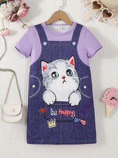 Purple Casual Collar Short Sleeve Polyester Cartoon,Letter Tee Embellished Slight Stretch  Young Girls Clothing Round Neck Dress, Cartoon Letters, Round Neck Dresses, Kids Beachwear, Cat Print, Girls Clothing, Summer Shorts, Kids Wear, Summer Girls