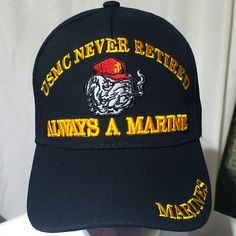 Usmc Never Retired Bulldog Cover With Usmc And Bulldog On Front And Marines On Bill. Valcro Adjustable Back Strap With Marines. Usmc Bulldog, Snap Back, Snap Backs, Back Strap, Bulldog, Accessories Hats, Adjustable Straps, Mens Accessories, Man Shop