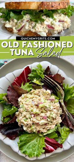 Two graphics, one depicting a tuna salad sandwich and another with a scoop of tuna salad on a bed of lettuce. Southern Tuna Salad, Southern Tuna Salad Recipe, Sandwich On Sourdough, Classic Southern, Tuna Salad, Salad Recipe