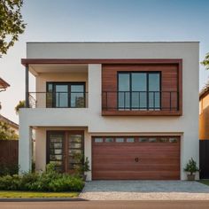 a two story house with wooden garage doors