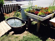 an old tub filled with water and plants next to a wooden bench on the grass