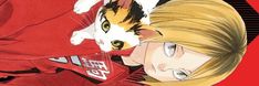 an anime character with a cat on his shoulder next to another character wearing a red shirt