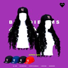 two wigs with new york yankees hats on top of each other, and three different colors