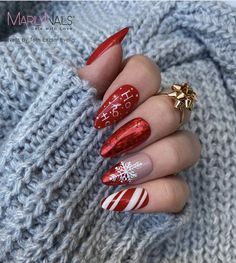 Cranberry Nails Designs, Acrylic Nails Christmas Winter Simple, Red And White Snowflake Nails, Red Snowflake Nails, Christmas Nails Designs, Christmas Nails 2023, Ribbon Pattern