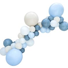 blue and white balloons are arranged in the shape of a long line on a white background