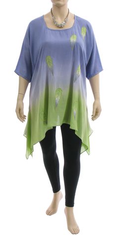 Oversized plus size lagenlook summer tunic, dropped shoulder = 1/2 sleeves, loose A-line shape, huge round neck, pointed sidewings. Decorated with charming tender leaves appliqués. Hand dyed viscose. Oversized Plus Size, Lagenlook Clothing, Plus Size Swim, Comfortable Bras, Viscose Fabric