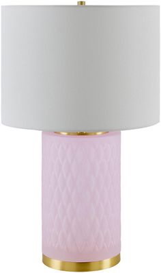 a pink table lamp with a white shade on the top and gold trim around the base