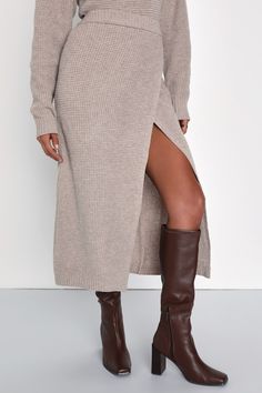 The Lulus Autumn Sweetheart Beige Waffle Knit Two-Piece Sweater Dress and a pair of cute boots is the essential fall 'fit and we're obsessed! Stretchy, warm waffle knit shapes this fall-worthy, two-piece dress that has a crew neck sweater with long sleeves and a boxy, slightly cropped bodice. The matching skirt has a high-waisted fit that falls to an overlapping, faux wrap silhouette that ends at a midi hem. Fit: This garment fits true to size. Length: Mid-calf length. Size medium Bust: Great fo Staple Outfits, Clothing Staples, Fall Dress Outfit, Fall Fit, Lulu Fashion, Cute Boots, Two Piece Dress, Piece Dress, Waffle Knit