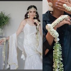 two pictures one is wearing a white dress and the other has flowers in her hair