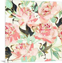 an abstract floral painting with birds and peonies in pink, green, yellow and blue