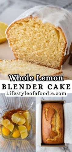 whole lemon loaf cake with white icing and sliced lemons