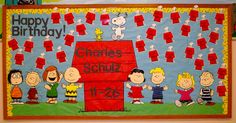 a bulletin board with charlie's school written on it and peanuts around the house