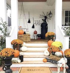 pumpkins and gourds decorate the front porch for halloween