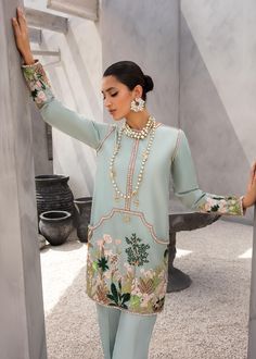 Celestial – Saira Shakira Elegant Turquoise Festive Set, Spring Designer Sets With Pearl Embroidery, Spring Festive Sets With Pearl Embroidery, Hand Embellished Silk Sets For Spring, Spring Silk Sets Hand Embellished, Spring Silk Sets With Hand Embellished Details, Spring Hand Embellished Silk Sets, Fusion Outfits, Punjabi Weddings