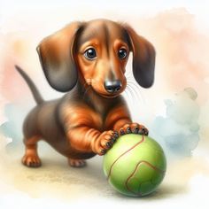 a small brown dog playing with a green ball