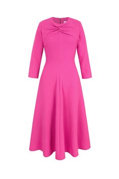 Ophelia is a beautiful fluid fit and flare midi dress cut from a high quality Italian stretch matelassé crepe, in a stunning hot pink. The upper part of the dress is lined in self fabric, creating a supportive and fitted bodice, with the sleeves and skirt unlined, allowing for a soft and light fluid movement. An integral twisted knot feature sits under the round neckline, and neat 3/4 length sleeves balance out this softly structured, feminine dress. Versatile, charming and comfortable, this is Fit And Flare Midi Dress Classy, Midi Dress Classy, Suzannah London, Ophelia Dress, Outfit Tutorial, Fit And Flare Midi Dress, Laundry List, Fluid Movement, Flare Midi Dress