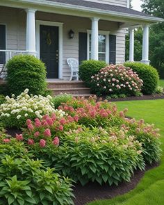 some bushes and flowers in front of a house