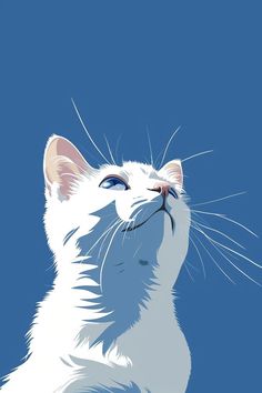 a white cat is looking up into the sky