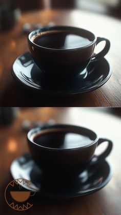 two pictures of a coffee cup and saucer on a wooden table with the same image