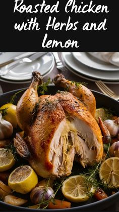 roasted chicken with herbs and lemon in a pan