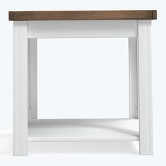 a white table with a wooden top