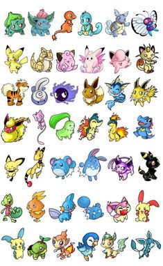 the pokemon characters are all different colors and sizes