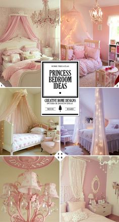 a collage of princess bedroom decor with pink and white colors, including chandeliers