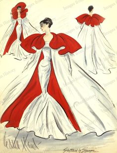 an old fashion pattern from the 1950's shows a woman in a red and white gown