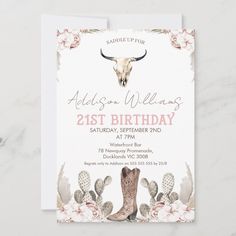 a birthday card with an image of a cow skull and cactuses on it, in pink