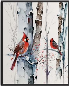 two red birds are perched on the branches of a tree in winter watercolor painting