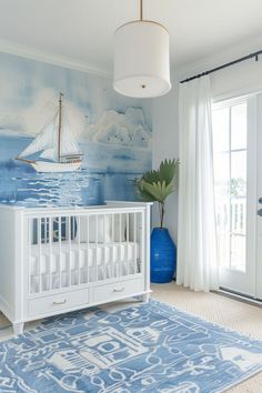 nursery decor, nursery ideas, nursery design, beach-themed nursery, ocean-themed nursery, beachy nursery Beachy Nursery, Gender Neutral Baby Nursery, Studio Apartment Living, Baby Room Inspiration, Beautiful Nursery