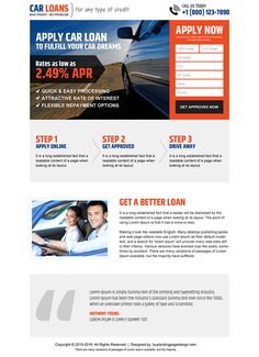 a car loan landing page with an image of a car and the words apply to pay for