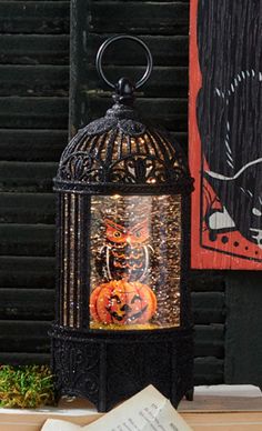 a birdcage filled with pumpkins sitting on top of a table next to an open book