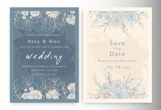 two wedding cards with flowers and leaves in blue, beige and white colors on them