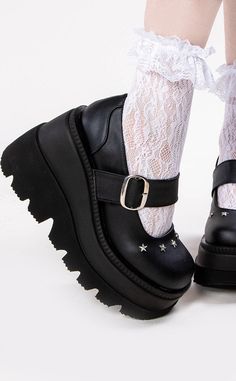 SHAKER-23 Black Vegan Leather Platform Mary Janes-Demonia-Tragic Beautiful Pleaser High Heels, Couture Heels, Demonia Boots, Alternative Shoes, Mary Jane Wedges, Goth Boots, Gothic Boots, Demonia Shoes, Festival Shoes