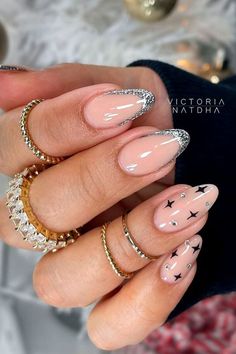 January Nail Designs, Stars Nails, Nye Nails, Milky Nails, January Nails, Silver Nail, Her Nails