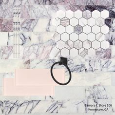 Create a timeless statement with this gorgeous Amethyst 2 in. Hexagon Polished Marble Mosaic. It is easy to clean and makes it an addition to the room that’s both practical and attractive. This 10 x 12 decorative tile comes in white and has a polished or high gloss finish, giving a refined elegance to interior spaces and providing endless design possibilities. Bring an international touch to your home with this marble made in Turkey. Hexagon & octagon-shaped marble create unique eye-catching des Pink And Navy Bathroom, Stone Tile Flooring, Honed Marble Tiles, White Marble Tiles, Primary Bath, Polished Porcelain Tiles, Unique Tile, Black Towels, Purple Marble