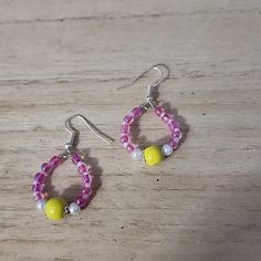 Handmade Glass And Acrylic Faux Pearl Earrings Quarter Photographed For Scale Trendy Yellow Beaded Dangle Earrings, Adjustable Yellow Beaded Earrings With Ear Wire, Adjustable Yellow Beaded Earrings, Yellow Single Dangle Earring, Single Yellow Dangle Earring, Trendy Yellow Earrings With Ear Wire, Yellow Teardrop Beaded Earrings For Gift, Yellow Teardrop Beaded Earrings As Gift, Handmade Yellow Drop Hoop Earrings