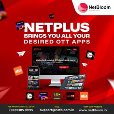 an advertisement for the netplus app on a computer, phone and laptop screen