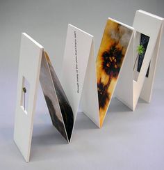 three open books with pictures on them sitting next to each other in front of a gray background