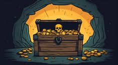 a chest full of gold coins with a skull in it