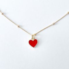 "Adjustable 18k gold plated necklace with red heart pendant. - Approx. 14\" long or 18\" long + 2\" adjustment SHOP MORE JEWELRY, https://www.etsy.com/shop/melissavelia?section_id=10442322" Adjustable Heart-shaped Gold-plated Necklace, Adjustable Heart-shaped Gold Plated Necklace, Adjustable Gold Plated Necklaces With Heart Charm, Adjustable Gold Plated Heart Necklace, Adjustable Gold-plated Heart Necklace, Valentine's Day Gold Plated Necklace With Adjustable Chain, Valentine's Day Gift Necklace With Delicate Chain, Valentine's Day Jewelry With Adjustable Chain, Valentine's Day Charm Necklace With Delicate Chain